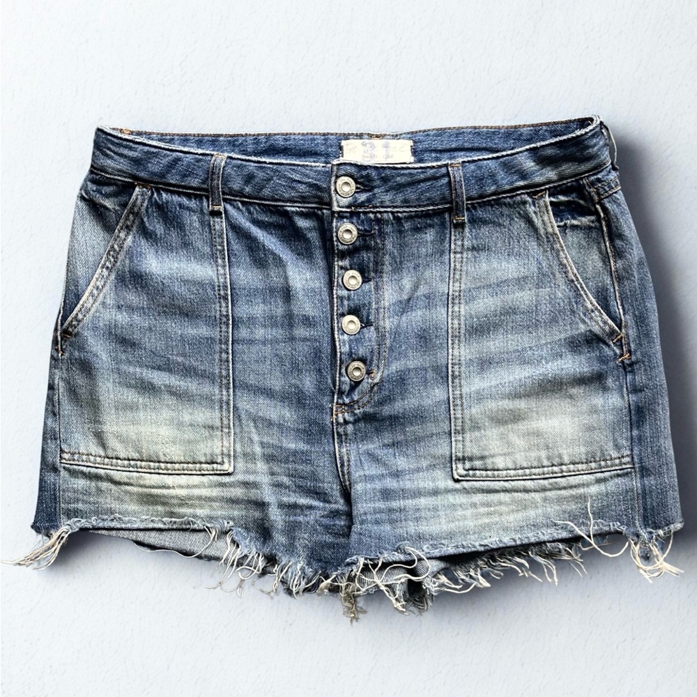 Free People Cut Off Shorts High Rise Button Fly Blue Denim Size 31